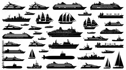 Detailed collection of black silhouettes featuring diverse ships, yachts, cruise liners and sailboats, concept for nautical branding, travel guides and transportation graphics