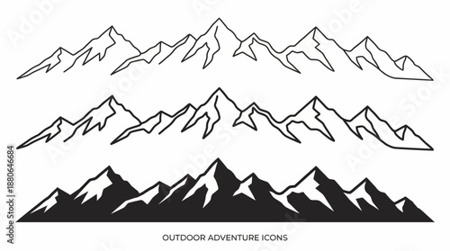 Three sets of minimalist hand-drawn style mountain range icons in outline and solid silhouette vectors, concept for outdoor adventure branding, travel logos and nature tourism designs