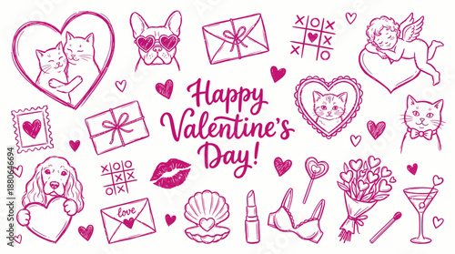 Valentine's Day doodle vector illustration set featuring cats, dogs, gifts and romantic symbols, concept for greeting cards, social media and packaging design