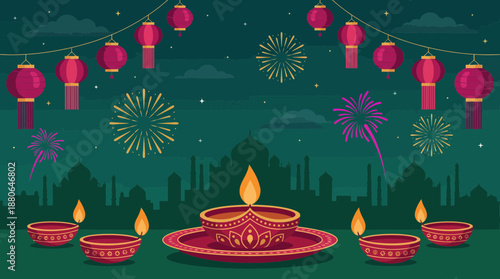 Detailed vector illustration of Diwali Diyas, festive lanterns and fireworks over an Indian city silhouette, concept for cultural celebration, seasonal greetings and holiday promotion
