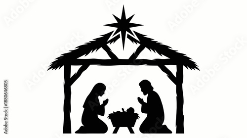 Black silhouette vector illustration of the nativity scene with Mary, Joseph and baby Jesus in a manger, concept for Christmas card design, holiday celebration graphics and religious event invitations