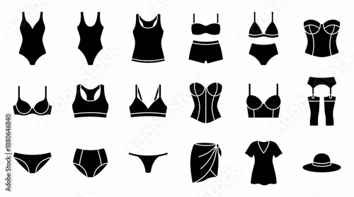 Glyph icons of women's apparel including lingerie, swimwear and beachwear like bras, bikinis, corsets and hats, concept for fashion app design, retail store branding and digital product interfaces