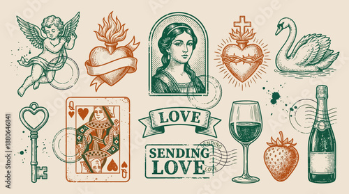 Vintage engraving illustration set of love icons including Cupid, Queen card, sacred hearts, swan and champagne bottle, concept for greeting cards, wedding invitations and retro design projects