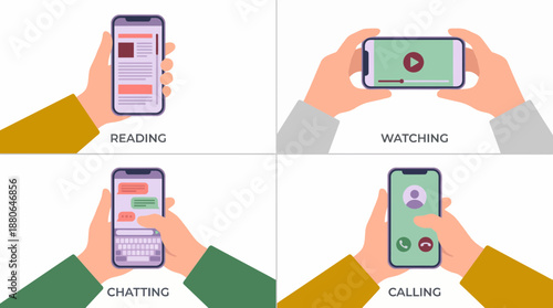 Vector graphics showing hands using smartphone for reading, watching, chatting and calling, concept for digital literacy promotion, mobile app design and telecommunication services