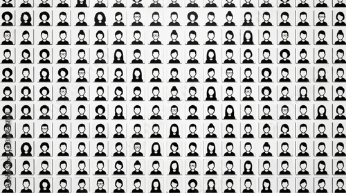 Large repeating grid of flat monochrome icons representing diverse professional business people and users, concept for corporate networking, human resource management and demographic data analysis