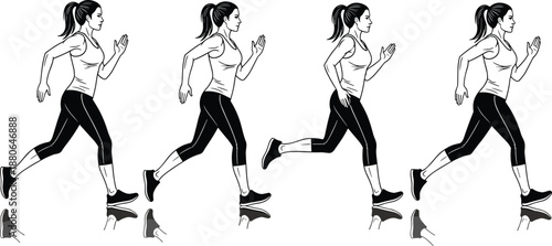 Jogging woman motion sequence illustration showing running exercise fitness training isolated on white background sporty vector design