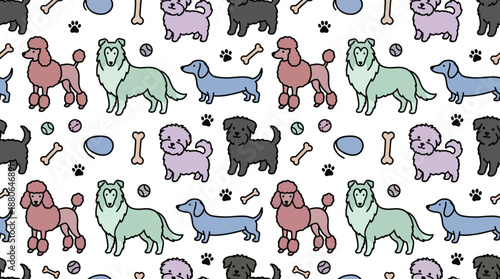 Seamless vector pattern featuring cute dog breed doodles with bones, balls and paw prints on white background, concept for textile printing, pet shop packaging and children's wallpaper design