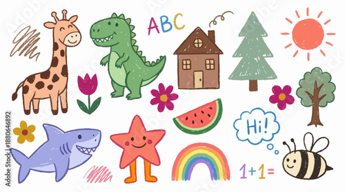 Cute crayon-style vector doodles featuring animals, house, trees, rainbow and alphabet symbols, concept for children's posters, classroom decoration and early learning presentations