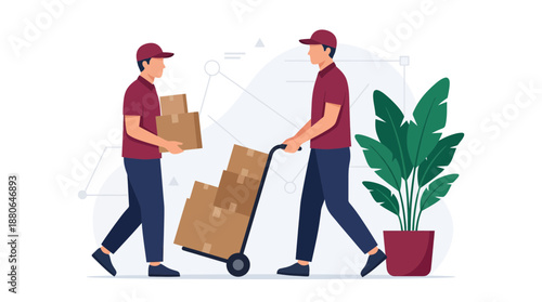 Professional delivery couriers moving large cardboard boxes, one carrying packages while the other uses a dolly, concept for logistics operations, warehouse management and e-commerce shipping