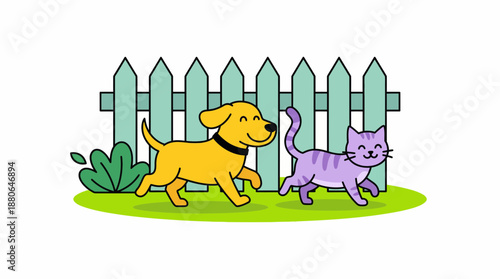 Yellow dog and purple striped cat cartoon illustration walking side-by-side on grass against a mint green picket fence, concept for pet care design, children's entertainment and veterinary branding