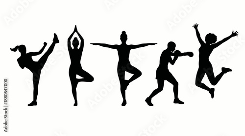 Five female silhouettes illustrating various fitness poses including yoga, kickboxing and jumping, concept for gym marketing, workout guides and health promotion