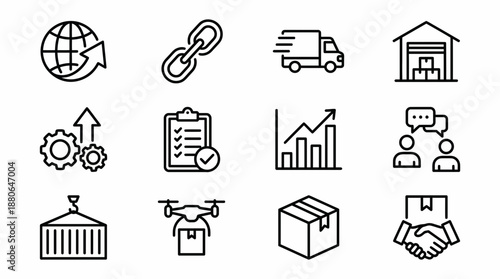 Logistics and supply chain management black line icons set featuring delivery, warehouse and global transport symbols, concept for corporate identity, business planning and market analysis