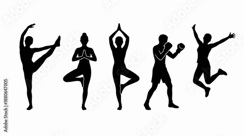 Black silhouettes of diverse athletes performing yoga, boxing and dynamic fitness exercises, concept for gym marketing, wellness campaigns and sports training graphics