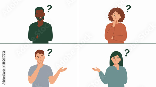 Vector illustration of four diverse people thinking with question marks, representing confusion, concept for business planning, problem solving and frequently asked questions section
