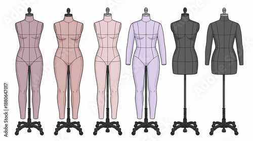 Diverse set of six female full-body tailoring mannequins in nude and grey colors shown on white, concept for clothing industry, pattern drafting and apparel development projects
