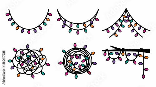 Colorful tangled and arranged Christmas string light decoration vector icons set on a white background, concept for seasonal greeting cards, winter party invitations and web design assets