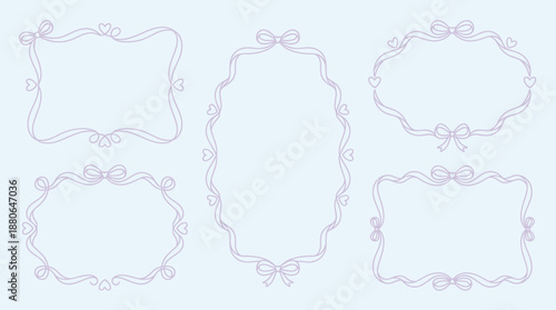 Collection of five dainty lavender ribbon border vector frames with bows and hearts, concept for wedding invitations, greeting cards and romantic stationery design