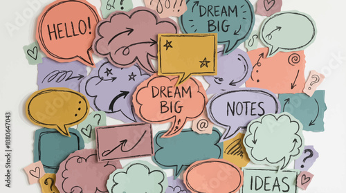 Colorful hand-drawn paper collage of speech bubbles, notes and arrows on a white background, concept for creative brainstorming, social media dialogue and motivational content design