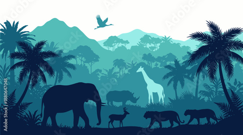 Layered turquoise silhouette of African safari wildlife and tropical jungle landscape, concept for conservation projects, travel advertising and nature education