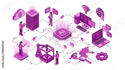 Isometric AI core diagram linking IT professionals, cloud server, desktop, global map and industrial robotics, concept for future tech projects, digital strategy planning and corporate data analysis