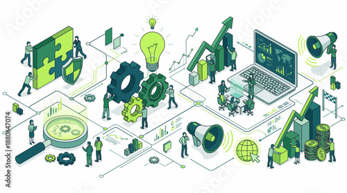 Isometric illustration showing business analysts and managers optimizing data workflow and growth metrics, concept for strategic planning, marketing and successful leadership