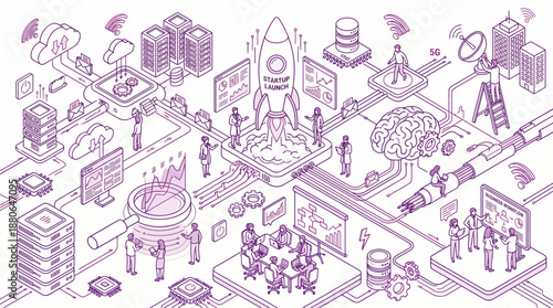 Isometric line art of tech network, servers, AI and business startup workflow with rocket launch, concept for digital transformation, global connectivity and artificial intelligence solution