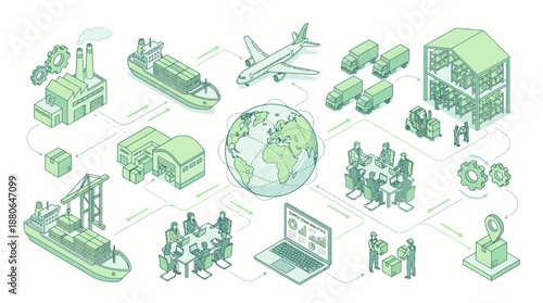 Isometric global supply chain flow chart showing factory, shipping, distribution and management team working, concept for business strategy, logistics planning and corporate workflow
