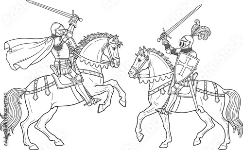 Medieval knight duel illustration showing armored warriors on horseback with swords for historical art, fantasy designs, and battle scenes