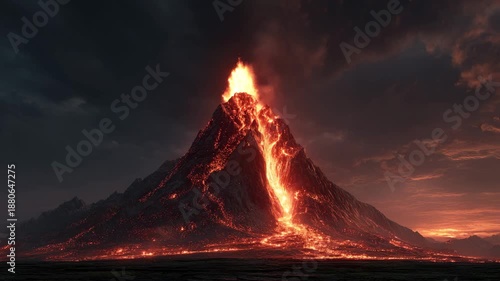 Erupting volcano with lava flowing down the mountain into the ocean at sunset