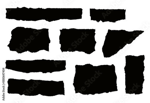 Set of torn paper pieces, irregular edges, rough texture, isolated on white  background