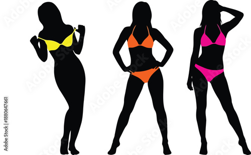 Silhouette Beauty in Bikinis: Striking silhouettes of women in vibrant bikinis, each exuding confidence and grace, perfect for a summer theme.
