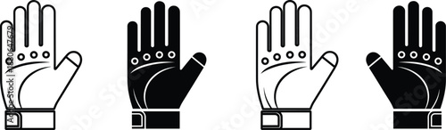 Protective work glove icon set in outline and solid styles showing left and right hands for safety and industrial design projects