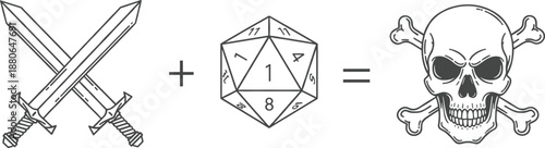 Fantasy role-playing concept illustration combining crossed swords, twenty-sided dice, and skull symbol for tabletop gaming and adventure designs
