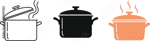 Cooking pot icon set in outline, solid, and colored styles showing hot saucepan for kitchen, recipe, and culinary design projects