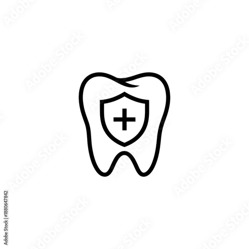 Tooth Protection Icon with Shield and Medical Cross - Minimalist Dental Care Outline Illustration - Professional Oral Hygiene and Healthcare Symbol Isolated on White Background