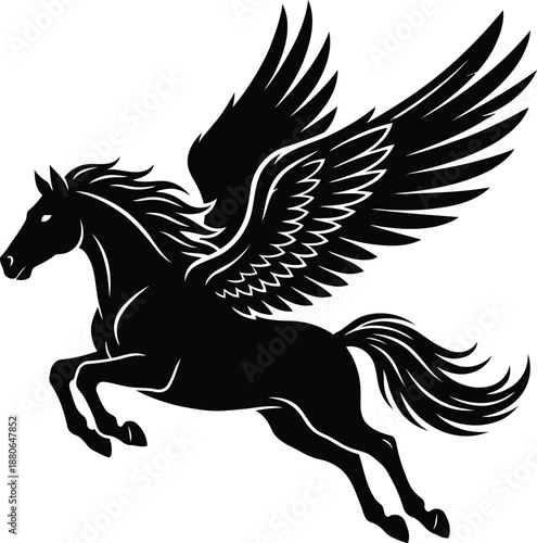 Soaring Myth: A majestic, silhouette of Pegasus, a winged horse, takes flight with its powerful wings in this bold, graphic illustration. 