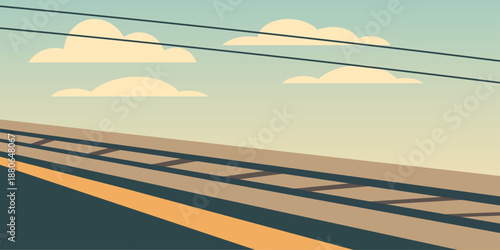 Train platform edge silhouette illustration. Tactile strip running along the foreground. Parallel railway tracks fading into distance. Overhead power lines under a pastel sky.
