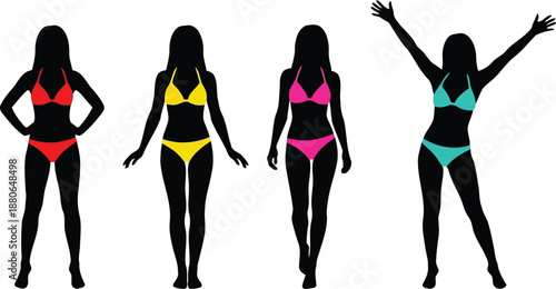Summer Silhouette: Four different silhouettes of women in various poses and bikinis against a pure background, showcasing diversity and summer fun.