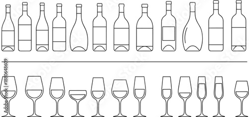 Wine bottle and glass outline icon set featuring various shapes for bar menus, winery branding, and beverage design projects