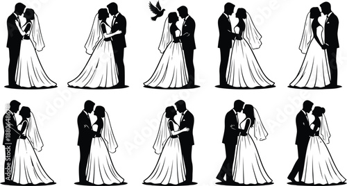 Eternal Devotion:  Capturing silhouettes of an elegant bride and groom, an illustration symbolizing love, commitment, and the joyous journey of marriage.