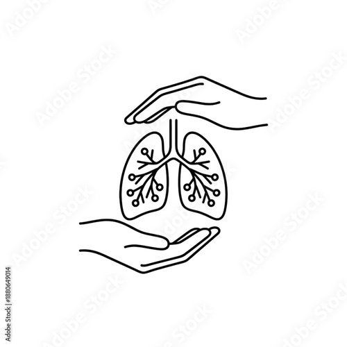 human lungs in hands icon – respiratory health care and pulmonary protection vector – medical breathing system support illustration – lung anatomy and wellness line art graphic