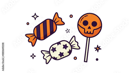 halloween candies and a skull lollipop floating with sparkling elements on a white background perfect for spooky season marketing graphics