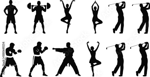 Sport people silhouettes set showing fitness yoga boxing karate and golf activities isolated on white vector illustration design