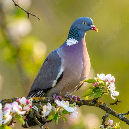 Wallpaper Mural Pigeon perched on a blooming branch, displaying vibrant blue, purple, and grey plumage in soft light Torontodigital.ca
