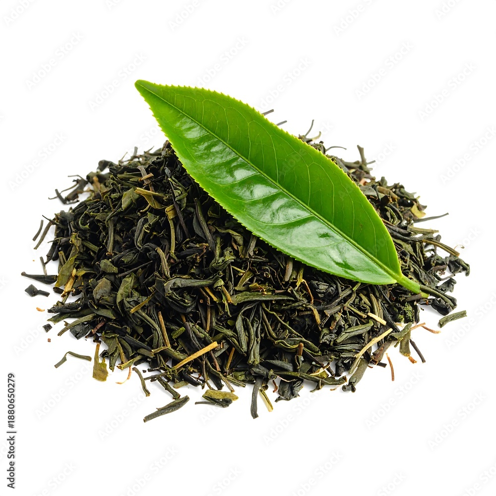 custom made wallpaper toronto digitalPile of dried, loose-leaf green tea with vibrant green leaf atop, isolated on white
