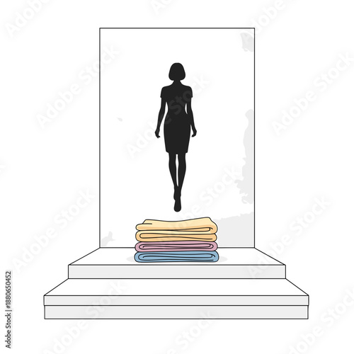 Silhouette of a woman walking on a fashion show runway with folded clothes  