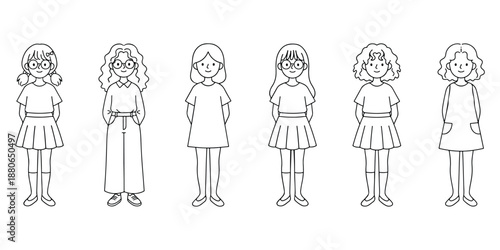 Cute little girls character set outline illustration showing different hairstyles outfits and child cartoon designs