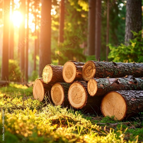 Wallpaper Mural Pile of logs in a sunlit forest clearing. Sunlight filters through trees, creating a warm, golden atmosphere Torontodigital.ca