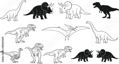 Dinosaur outline and silhouette collection featuring tyrannosaurus triceratops brachiosaurus and pterodactyl isolated on white vector illustration