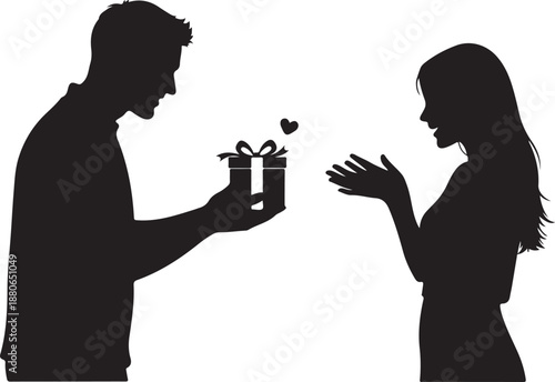 Man giving gift to woman with surprised expression silhouette